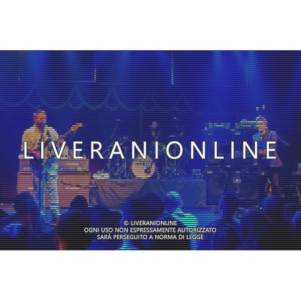 Fun Lovin\' Criminals (FLC) - Hugh Thomas (vocals, guitar), Fast (bass, keyboards, harmonica, trumpet), Frank Benbini (drums) performing live on Hugh Thomas\' 46th birthday in concert at the Brooklyn Bowl, Greenwich, London, United Kingdom Date: 09/08/2014 AG ALDO LIVERANI SAS ONLY ITALY