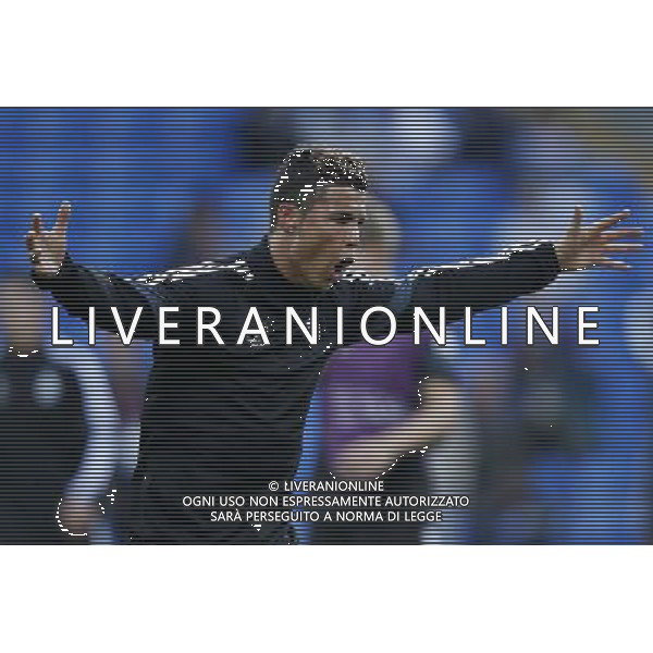 (140812) -- CARDIFF, Aug.12, 2014 () -- Cristiano Ronaldo of Real Madrid reacts during a training session for the UEFA Super Cup match between Real Madrid and Sevilla at Cardiff City Stadium in Cardiff, Britain on Aug. 11, 2014. (/Wang Lili) (ljr) ©PHOTOSHOT/Agenzia Aldo Liverani sas - ITALY ONLY - EDITORIAL USE ONLY - Sessione di allenamento del Real Madrid e Siviglia che disputeranno la partita di Supercoppa UEFA al Cardiff City Stadium, Gran Bretagna il 11 agosto 2014