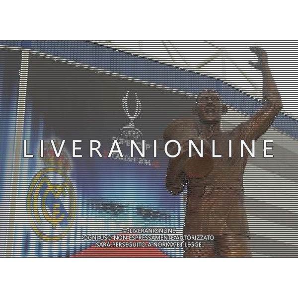 The Cardiff City statue of Frederick Charles Keenor outside the Cardiff City Stadium draped in UEFA Supercup branding Photographer Ian Cook/CameraSport Football - UEFA Supercup - Real Madrid v Sevilla - Tuesday 12th August 2014 - Cardiff City Stadium - Cardiff © CameraSport - 43 Linden Ave. Countesthorpe. Leicester. England. LE8 5PG - Tel: +44 (0) 116 277 4147 - admin@camerasport.com - www.camerasport.com AG ALDO LIVERANI SAS ONLY ITALY