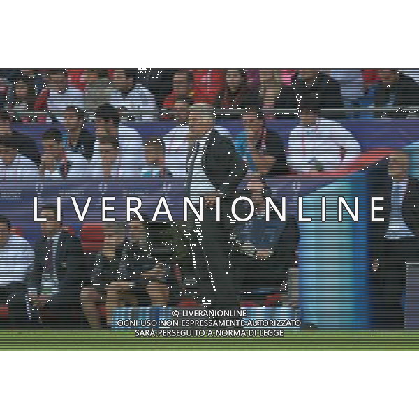 Real Madrid manager Carlo Ancelotti watches on from the touch lines Photographer Ian Cook/CameraSport Football - UEFA Supercup - Real Madrid v Sevilla - Tuesday 12th August 2014 - Cardiff City Stadium - Cardiff © CameraSport - 43 Linden Ave. Countesthorpe. Leicester. England. LE8 5PG - Tel: +44 (0) 116 277 4147 - admin@camerasport.com - www.camerasport.com AG ALDO LIVERANI SAS ONLY ITALY