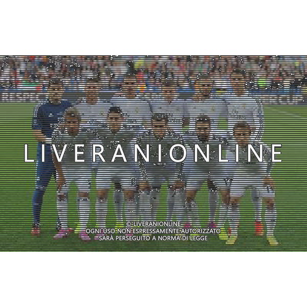 The Real Madrid team line up prior to kick off Photographer Ian Cook/CameraSport Football - UEFA Supercup - Real Madrid v Sevilla - Tuesday 12th August 2014 - Cardiff City Stadium - Cardiff © CameraSport - 43 Linden Ave. Countesthorpe. Leicester. England. LE8 5PG - Tel: +44 (0) 116 277 4147 - admin@camerasport.com - www.camerasport.com AG ALDO LIVERANI SAS ONLY ITALY