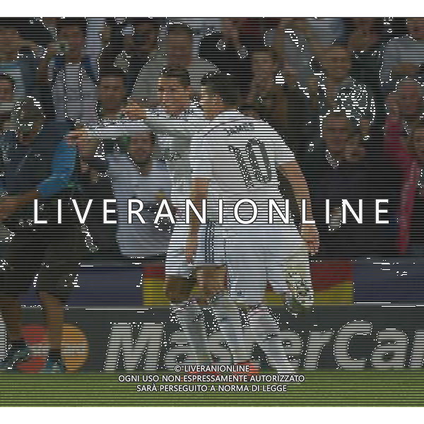 Real Madrid\'s Cristiano Ronaldo celebrates scoring his sides second goal Photographer Ian Cook/CameraSport Football - UEFA Supercup - Real Madrid v Sevilla - Tuesday 12th August 2014 - Cardiff City Stadium - Cardiff © CameraSport - 43 Linden Ave. Countesthorpe. Leicester. England. LE8 5PG - Tel: +44 (0) 116 277 4147 - admin@camerasport.com - www.camerasport.com AG ALDO LIVERANI SAS ONLY ITALY