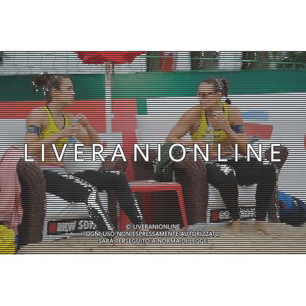 21.08.2014 - Stare Jablonki , siatkowka plazowa , beach volleyball , World Tour , FIVB Stare Jablonki Grand Slam 2014 , Hiszpania (zolte) - Australia (niebieskie) , Spain (yellow) - Australia (blue) N/Z Elsa Baquerizo McMillan , Liliana Fernandez Steiner Fot. Karol Bartnik / MPAimages.com/NEWSPIX.PL --- Newspix.pl /Agenzia Aldo Liverani sas - ITALY ONLY - Australia - Spagna beach volley femminile, World Tour, FIVB Stare Jablonki Grande Slam 2014 *** Local Caption *** www.newspix.pl mail us: info@newspix.pl call us: 0048 022 23 22 222 --- Polish Picture Agency by Ringier Axel Springer Poland