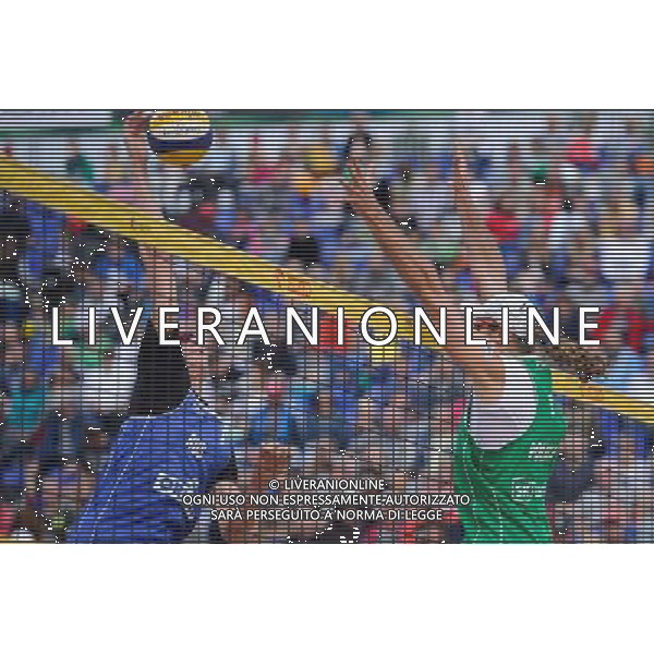 21.08.2014 - Stare Jablonki , siatkowka plazowa , beach volleyball , World Tour , FIVB Stare Jablonki Grand Slam 2014 , Polska (zielone) - Rosja (niebieskie) , Poland (green) - Russia (blue) N/Z Dmitri Barsouk , Mariusz Prudel Fot. Karol Bartnik / MPAimages.com/NEWSPIX.PL --- Newspix.pl /Agenzia Aldo Liverani sas - ITALY ONLY - Polonia - Russia beach volley maschile, World Tour, FIVB Stare Jablonki Grande Slam 2014 *** Local Caption *** www.newspix.pl mail us: info@newspix.pl call us: 0048 022 23 22 222 --- Polish Picture Agency by Ringier Axel Springer Poland