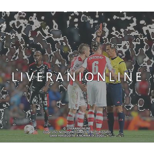 Arsenal\'s Mathieu Debuchy gets a Red Card Photo by Kieran Galvin/CameraSport Football - UEFA Champions League Qualifying Play-Offs Round Second Leg - Arsenal v Besiktas - Wednesday 27th August 2014 - Emirates Stadium - London © CameraSport - 43 Linden Ave. Countesthorpe. Leicester. England. LE8 5PG - Tel: +44 (0) 116 277 4147 - admin@camerasport.com - www.camerasport.com /Agenzia Aldo Liverani sas - ITALY ONLY - EDITORIAL USE ONLY