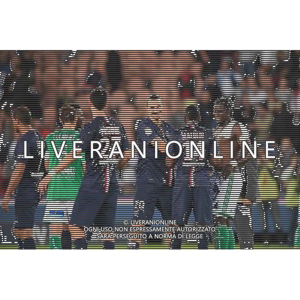 Joie Zlatan IBRAHIMOVIC / Mustapha BAYAL SALL - 31.08.2014 - Paris Saint Germain / Saint Etienne - 4eme journee de Ligue 1 - Photo : SPPress / Icon Sport /AGENZIA ALDO LIVERANI SAS - ITALY ONLY - EDITORIAL USE ONLY