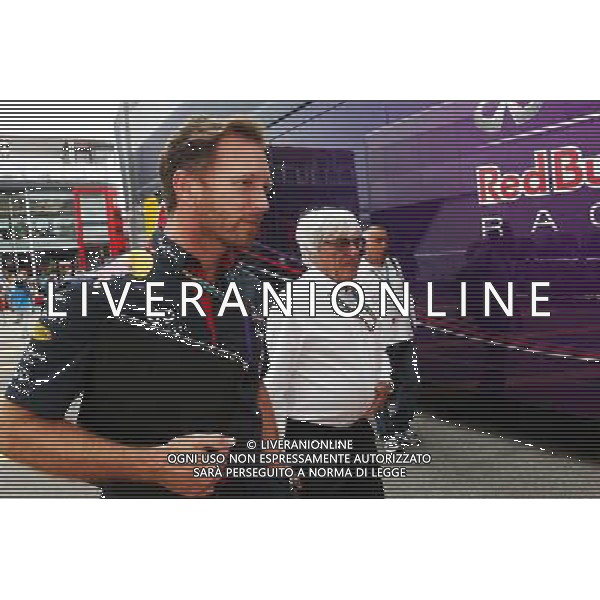 (L to R): Christian Horner (GBR) Red Bull Racing Team Principal with Bernie Ecclestone (GBR). 05.09.2014. Formula 1 World Championship, Rd 13, Italian Grand Prix, Monza, Italy, Practice Day. AG ALDO LIVERANI SAS ONLY ITALY
