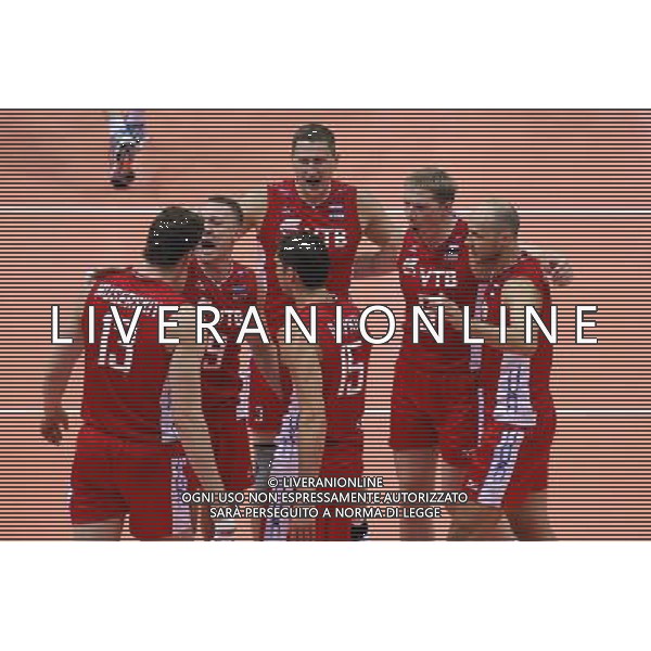 GDANSK 07.09.2014 ERGO ARENA SIATKOWKA MISTRZOSTWA SWIATA W PILCE SIATKOWEJ MEZCZYZN 2014 (FIVB MENS VOLLEYBALL WORLD CHAMPIONSHIP POLAND 2014) MECZ ROSJA - BULGARIA RUSSIA N/Z DMITRIY MUSERSKIY ALEXEY SPIRIDONOV NIKOLAY APALIKOV DMITRIY ILINYKH SERGEY GRANKIN NIKOLAY PAVLOV FOT PIOTR MATUSEWICZ / PRESSFOCUS / NEWSPIX.PL AG ALDO LIVERANI SAS ONLY ITALY
