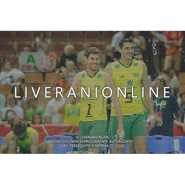 07.09.2014 - Katowice , Spodek , siatkowka , Mistrzostwa Swiata 2014 , grupa B Brazylia (zolte) - Kuba (niebieskie) , FIVB Men\'s World Championship , pool B Brazil (yellow) - Cuba (blue) N/Z Bruno Mossa Rezende , Sidnei Dos Santoz Jr Sidao Fot. Karol Bartnik / MPAimages.com / NEWSPIX.PL --- Newspix.pl