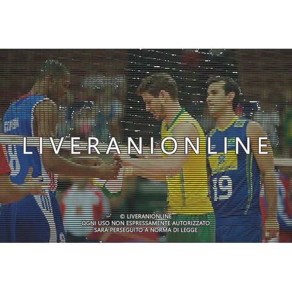 07.09.2014 - Katowice , Spodek , siatkowka , Mistrzostwa Swiata 2014 , grupa B Brazylia (zolte) - Kuba (niebieskie) , FIVB Men\'s World Championship , pool B Brazil (yellow) - Cuba (blue) N/Z Rolando Cepeda Abreu , Bruno Mossa Rezende , Mario Da Silva Pedreira Junior Fot. Karol Bartnik / MPAimages.com / NEWSPIX.PL --- Newspix.pl