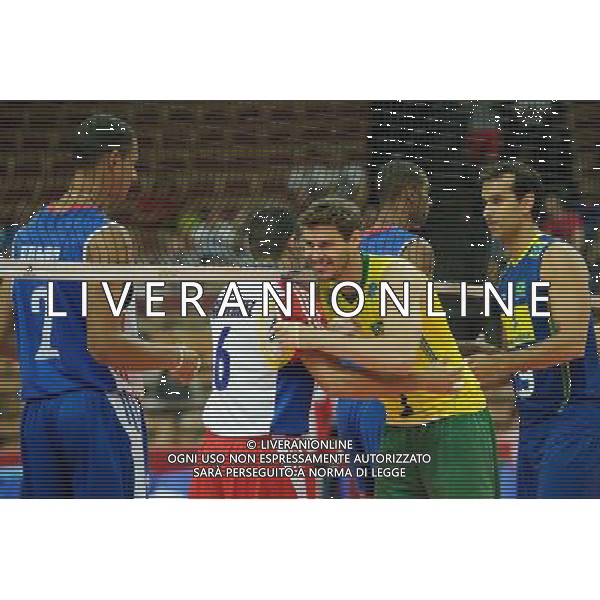 07.09.2014 - Katowice , Spodek , siatkowka , Mistrzostwa Swiata 2014 , grupa B Brazylia (zolte) - Kuba (niebieskie) , FIVB Men\'s World Championship , pool B Brazil (yellow) - Cuba (blue) N/Z Keibel Gutierrez Torna , Bruno Mossa Rezende , Mario Da Silva Pedreira Junior Fot. Karol Bartnik / MPAimages.com / NEWSPIX.PL --- Newspix.pl