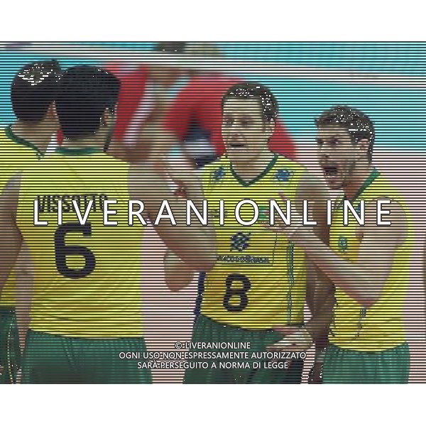 07.09.2014 - Katowice , Mistrzostwa Swiata . POLAND, FIVB Volleyball Men\'s World Championship 2014 . Brazylia (zolto-zielone) - Kuba (niebieskie) n/z. radosc siatkarzy Brazylii . Fot. Tomasz Wantula / EDYTOR.net / NEWSPIX.PL --- Newspix.pl