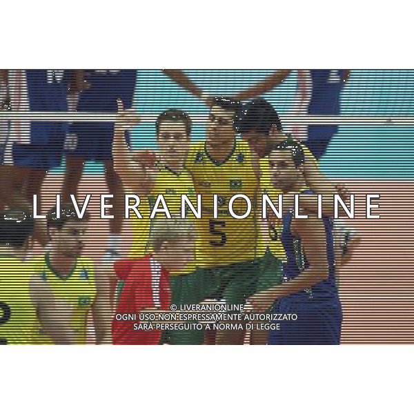 07.09.2014 - Katowice , Mistrzostwa Swiata . POLAND, FIVB Volleyball Men\'s World Championship 2014 . Brazylia (zolto-zielone) - Kuba (niebieskie) n/z. radosc siatkarzy Brazylii . Fot. Tomasz Wantula / EDYTOR.net / NEWSPIX.PL --- Newspix.pl
