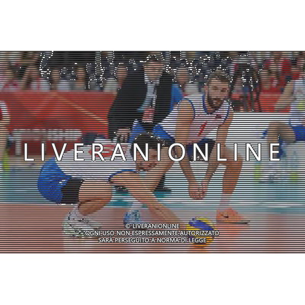 10.09.2014 - Lodz , Atlas Arena , siatkowka , Mistrzostwa Swiata 2014 , grupa E Serbia (biale) - Wlochy (niebieskie) , FIVB Men\'s World Championship , pool A Serbia (white) - Italy (blue) N/Z Milos Nikic , Nikola Kovacevic Fot. Mariusz Palczynski / MPAimages.com / NEWSPIX.PL --- Newspix.pl AG ALDO LIVERANI SAS ONLY ITALY *** Local Caption *** www.newspix.pl mail us: info@newspix.pl call us: 0048 022 23 22 222 --- Polish Picture Agency by Ringier Axel Springer Poland