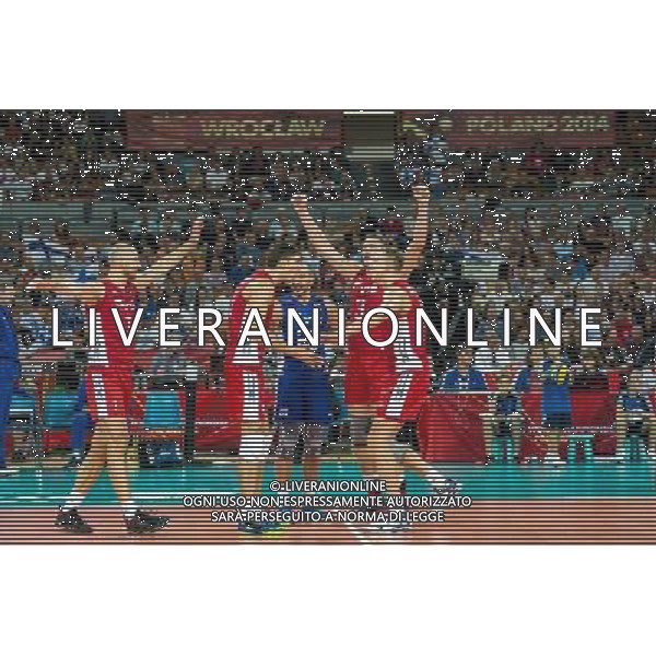 Polska Wroclaw 10 09 2014 Hala Stulecia ul. Wystawowa 1 Druga faza grupy F FIVB Mistrzostwa Swiata w pilce siatkowej mezczyzn Polska 2014 mecz pomiedzy Finlandia vs Rosja Na zdjeciu: Rosja radosc Fot: Sebastian Borowski / Newspix.pl Poland Wroclaw 10.09.2014 Century Hall st. Wystawowa 1 Second phase of group F FIVB World Championships in mens volleyball Poland 2014 game between Finland vs Russia On the picture: Russia gladness Photo: Sebastian Borowski / Newspix.pl --- Newspix.pl AG ALDO LIVERANI SAS ONLY ITALY *** Local Caption *** www.newspix.pl mail us: info@newspix.pl call us: 0048 022 23 22 222 --- Polish Picture Agency by Ringier Axel Springer Poland