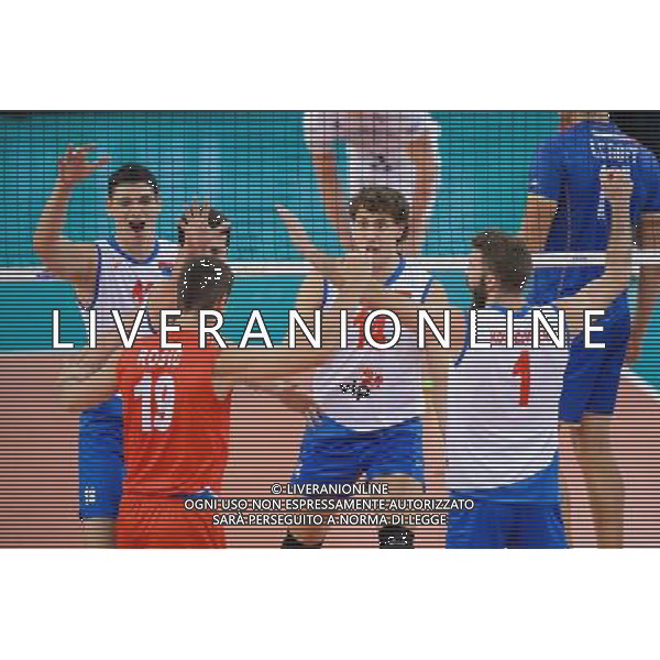13.09.2014 - Lodz , Atlas Arena , siatkowka , Mistrzostwa Swiata 2014 , grupa E Serbia (biale) - Francja (granatowe) , FIVB Men\'s World Championship , pool E Serbia (white) - France (navy) N/Z Marko Podrascanin , Nikola Rosic , Aleksandar Atanasijevic , Nikola Kovacevic Fot. Mariusz Palczynski / MPAimages.com / NEWSPIX.PL --- Newspix.pl AG ALDO LIVERANI SAS ONLY ITALY *** Local Caption *** www.newspix.pl mail us: info@newspix.pl call us: 0048 022 23 22 222 --- Polish Picture Agency by Ringier Axel Springer Poland