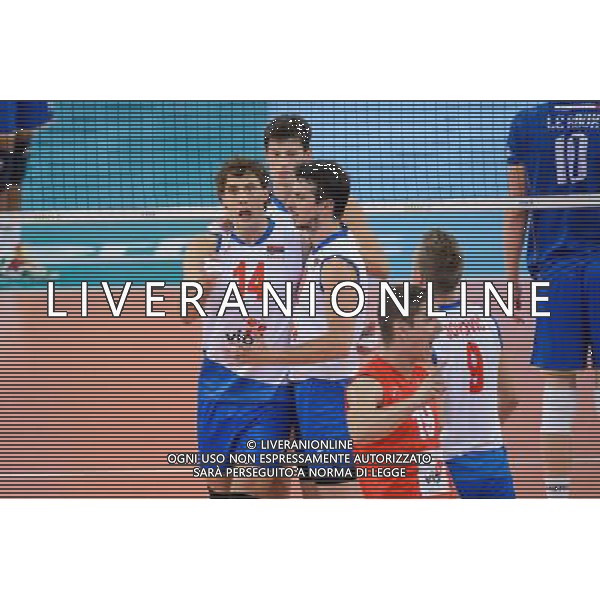 13.09.2014 - Lodz , Atlas Arena , siatkowka , Mistrzostwa Swiata 2014 , grupa E Serbia (biale) - Francja (granatowe) , FIVB Men\'s World Championship , pool E Serbia (white) - France (navy) N/Z Aleksandar Atanasijevic , Milos Nikic , Nikola Rosic Fot. Mariusz Palczynski / MPAimages.com / NEWSPIX.PL --- Newspix.pl AG ALDO LIVERANI SAS ONLY ITALY *** Local Caption *** www.newspix.pl mail us: info@newspix.pl call us: 0048 022 23 22 222 --- Polish Picture Agency by Ringier Axel Springer Poland