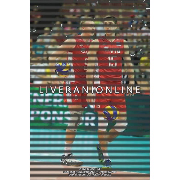 14.09.2014 - Katowice , Spodek , siatkowka , Mistrzostwa Swiata 2014 , grupa F Brazylia (zolte) - Rosja (czerwone) , FIVB Men\'s World Championship , pool F Brazil (yellow) - Russia (red) N/Z Alexey Spiridonov , Dmitriy Ilinykh Fot. Karol Bartnik / MPAimages.com / NEWSPIX.PL --- Newspix.pl AG ALDO LIVERANI SAS ONLY ITALY *** Local Caption *** www.newspix.pl mail us: info@newspix.pl call us: 0048 022 23 22 222 --- Polish Picture Agency by Ringier Axel Springer Poland