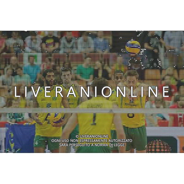 14.09.2014 - Katowice , Spodek , siatkowka , Mistrzostwa Swiata 2014 , grupa F Brazylia (zolte) - Rosja (czerwone) , FIVB Men\'s World Championship , pool F Brazil (yellow) - Russia (red) N/Z Wallace De Souza , Eder Carbonera , Ricardo Lucarelli Santos , Murilo Endres Fot. Karol Bartnik / MPAimages.com / NEWSPIX.PL --- Newspix.pl AG ALDO LIVERANI SAS ONLY ITALY *** Local Caption *** www.newspix.pl mail us: info@newspix.pl call us: 0048 022 23 22 222 --- Polish Picture Agency by Ringier Axel Springer Poland