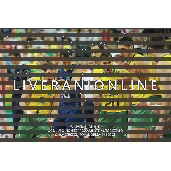 14.09.2014 - Katowice , Spodek , siatkowka , Mistrzostwa Swiata 2014 , grupa F Brazylia (zolte) - Rosja (czerwone) , FIVB Men\'s World Championship , pool F Brazil (yellow) - Russia (red) N/Z Bruno Mossa Rezende , Mario Da Silva Pedreira Junior , Vieira De Oliveira Raphael Fot. Karol Bartnik / MPAimages.com / NEWSPIX.PL --- Newspix.pl AG ALDO LIVERANI SAS ONLY ITALY *** Local Caption *** www.newspix.pl mail us: info@newspix.pl call us: 0048 022 23 22 222 --- Polish Picture Agency by Ringier Axel Springer Poland