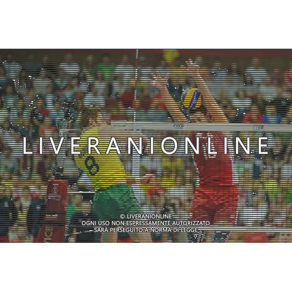 14.09.2014 - Katowice , Spodek , siatkowka , Mistrzostwa Swiata 2014 , grupa F Brazylia (zolte) - Rosja (czerwone) , FIVB Men\'s World Championship , pool F Brazil (yellow) - Russia (red) N/Z Murilo Endres , Pavel Moroz Fot. Karol Bartnik / MPAimages.com / NEWSPIX.PL --- Newspix.pl AG ALDO LIVERANI SAS ONLY ITALY *** Local Caption *** www.newspix.pl mail us: info@newspix.pl call us: 0048 022 23 22 222 --- Polish Picture Agency by Ringier Axel Springer Poland