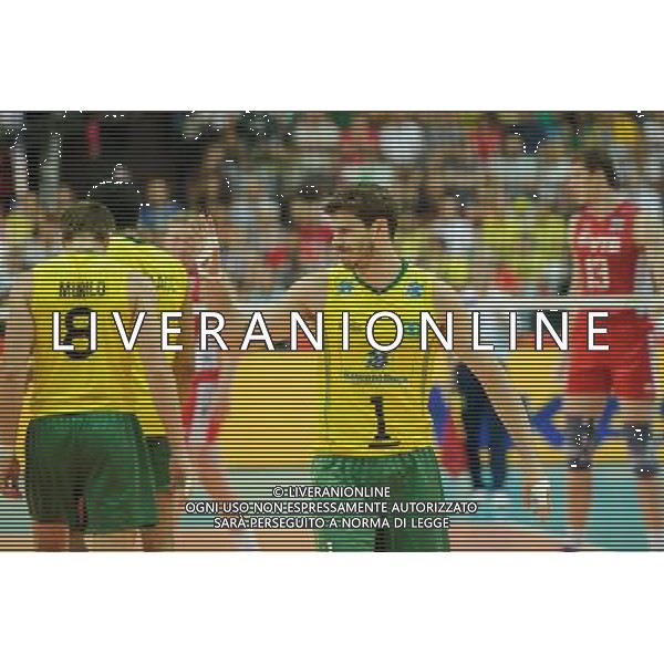 14.09.2014 - Katowice , Spodek , siatkowka , Mistrzostwa Swiata 2014 , grupa F Brazylia (zolte) - Rosja (czerwone) , FIVB Men\'s World Championship , pool F Brazil (yellow) - Russia (red) N/Z Bruno Mossa Rezende Fot. Karol Bartnik / MPAimages.com / NEWSPIX.PL --- Newspix.pl AG ALDO LIVERANI SAS ONLY ITALY *** Local Caption *** www.newspix.pl mail us: info@newspix.pl call us: 0048 022 23 22 222 --- Polish Picture Agency by Ringier Axel Springer Poland