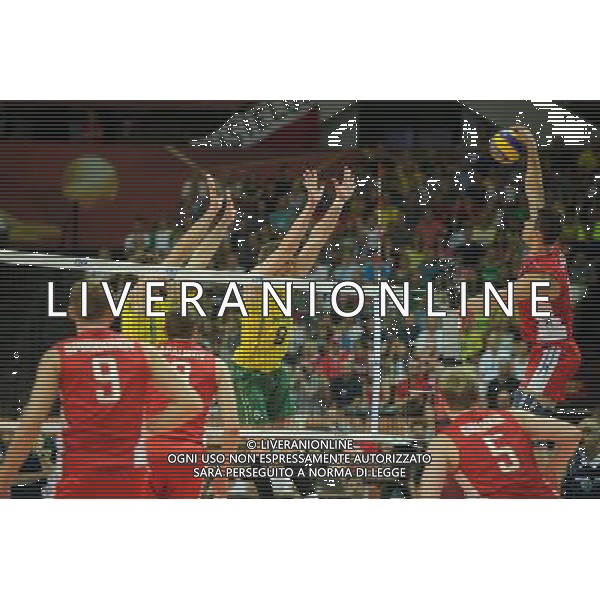 14.09.2014 - Katowice , Spodek , siatkowka , Mistrzostwa Swiata 2014 , grupa F Brazylia (zolte) - Rosja (czerwone) , FIVB Men\'s World Championship , pool F Brazil (yellow) - Russia (red) N/Z Lucas Saatkamp , Murilo Endres , Pavel Moroz Fot. Karol Bartnik / MPAimages.com / NEWSPIX.PL --- Newspix.pl AG ALDO LIVERANI SAS ONLY ITALY *** Local Caption *** www.newspix.pl mail us: info@newspix.pl call us: 0048 022 23 22 222 --- Polish Picture Agency by Ringier Axel Springer Poland