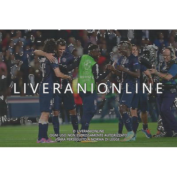 Joie PSG - Edinson CAVANI / Thiago MOTTA / Serge AURIER / Blaise MATUIDI - 30.09.2014 - Paris Saint Germain / Barcelone - Champions League Photo : Dave Winter / Icon Sport /Agenzia Aldo Liverani sas - ITALY ONLY - EDITORIAL USE ONLY - PSG - BARCELLONA