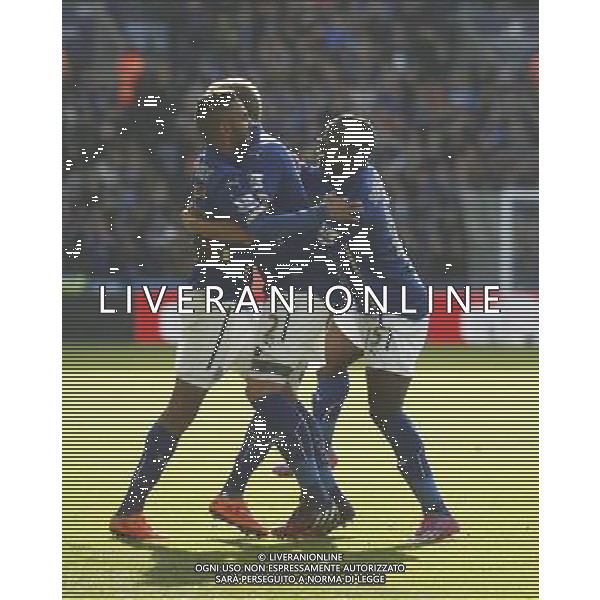 Leicester City\'s Riyad Mahrez (L) celebrates scoring his sides second goal Photographer Jack Phillips/CameraSport Football - Barclays Premiership - Leicester City v Burnley - Saturday 04th October 2014 - King Power Stadium - Leicester © CameraSport - 43 Linden Ave. Countesthorpe. Leicester. England. LE8 5PG - Tel: +44 (0) 116 277 4147 - admin@camerasport.com - www.camerasport.com AG ALDO LIVERANI SAS ONLY ITALY