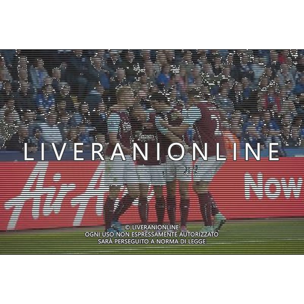 Burnley\'s Michael Kightly (2nd from left) celebrates scoring his sides equalising goal to make the score 1-1 with team-mates (left to right) Ben Mee, George Boyd and Stephen Ward Photographer Stephen White/CameraSport Football - Barclays Premiership - Leicester City v Burnley - Saturday 04th October 2014 - King Power Stadium - Leicester © CameraSport - 43 Linden Ave. Countesthorpe. Leicester. England. LE8 5PG - Tel: +44 (0) 116 277 4147 - admin@camerasport.com - www.camerasport.com AG ALDO LIVERANI SAS ONLY ITALY