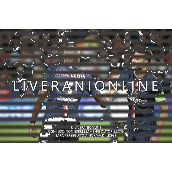 Carl LEWIS / Thiago MOTTA - 05.10.2014 - Paris Saint Germain / Monaco - 9eme journee de Ligue 1 Photo : Johnny Fidelin / Icon Sport AG ALDO LIVERANI SAS ONLY ITALY