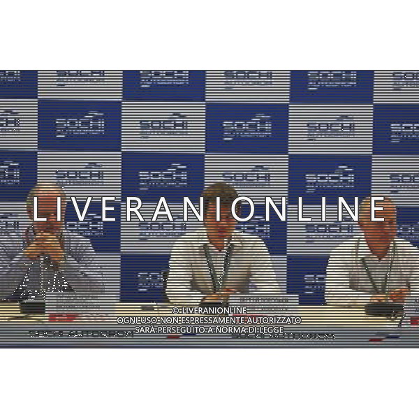 (L to R): Richard Cregan (IRE) Russian Grand Prix Consulatant; Sergey Vorobyev (RUS) Deputy General Director, OJSC Centre Omega (Sochi Circuit) and Russian GP Promoter; and Alexander Saurin (RUS) Vice Govenor of Krasnodar Regional Administration at a Press Briefing. 09.10.2014. Formula 1 World Championship, Rd 16, Russian Grand Prix, Sochi Autodrom, Sochi, Russia, Preparation Day. AG ALDO LIVERANI SAS ONLY ITALY