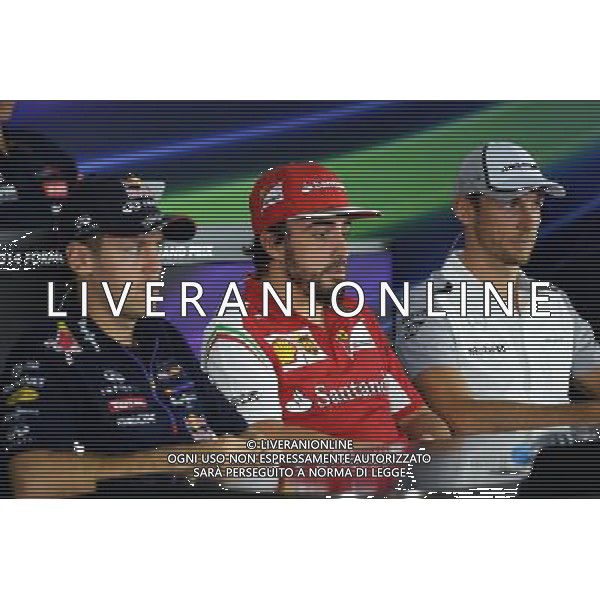 (L to R): Sebastian Vettel (GER) Red Bull Racing; Fernando Alonso (ESP) Ferrari; and Jenson Button (GBR) McLaren in the FIA Press Conference. 09.10.2014. Formula 1 World Championship, Rd 16, Russian Grand Prix, Sochi Autodrom, Sochi, Russia, Preparation Day. - www.xpbimages.com, EMail: requests@xpbimages.com - copy of publication required for printed pictures. Every used picture is fee-liable. © Copyright: Price / XPB Images