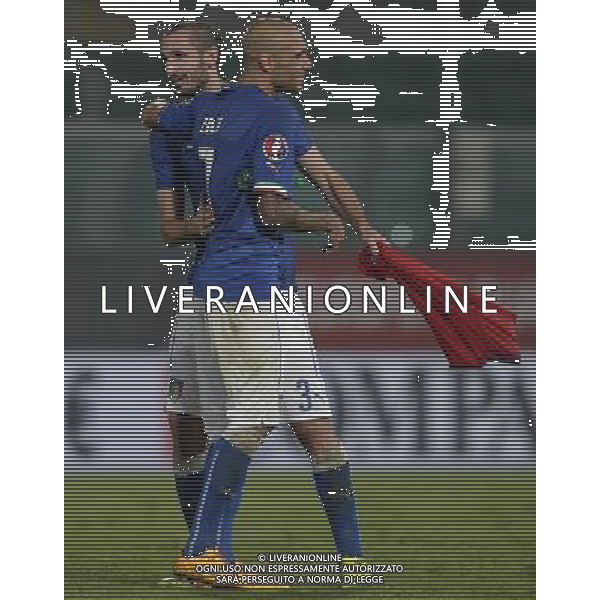 Qualificazioni ai Campionati Europei di Calcio UEFA Francia 2016 Gruppo H Palermo - 10.10.2014 Italia-Azerbaijan Nella Foto: giorgio chiellini esulta a fine partita con simone zaza /Ph.Vitez-Ag. Aldo Liverani