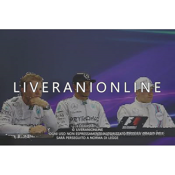 The post qualifying FIA Press Conference (L to R): Nico Rosberg (GER) Mercedes AMG F1, second; Lewis Hamilton (GBR) Mercedes AMG F1, pole position; Valtteri Bottas (FIN) Williams, third. 11.10.2014. Formula 1 World Championship, Rd 16, Russian Grand Prix, Sochi Autodrom, Sochi, Russia, Qualifying Day. Ag ALDO LIVERANI SAS ONLY ITALY