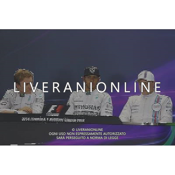 The post qualifying FIA Press Conference (L to R): Nico Rosberg (GER) Mercedes AMG F1, second; Lewis Hamilton (GBR) Mercedes AMG F1, pole position; Valtteri Bottas (FIN) Williams, third. 11.10.2014. Formula 1 World Championship, Rd 16, Russian Grand Prix, Sochi Autodrom, Sochi, Russia, Qualifying Day. Ag ALDO LIVERANI SAS ONLY ITALY