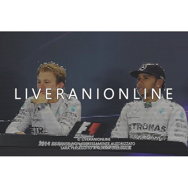 The post qualifying FIA Press Conference (L to R): Nico Rosberg (GER) Mercedes AMG F1, second; Lewis Hamilton (GBR) Mercedes AMG F1, pole position. 11.10.2014. Formula 1 World Championship, Rd 16, Russian Grand Prix, Sochi Autodrom, Sochi, Russia, Qualifying Day. Ag ALDO LIVERANI SAS ONLY ITALY