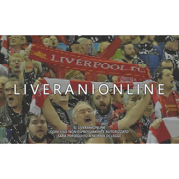 Fans sing before the kick off Photographer Dave Howarth/CameraSport Football - UEFA Champions League Group B - Liverpool v Real Madrid - Wednesday 22nd October 2014 - Anfield - Liverpool © CameraSport - 43 Linden Ave. Countesthorpe. Leicester. England. LE8 5PG - Tel: +44 (0) 116 277 4147 - admin@camerasport.com - www.camerasport.com AG ALDO LIVERANI SAS ONLY ITALY
