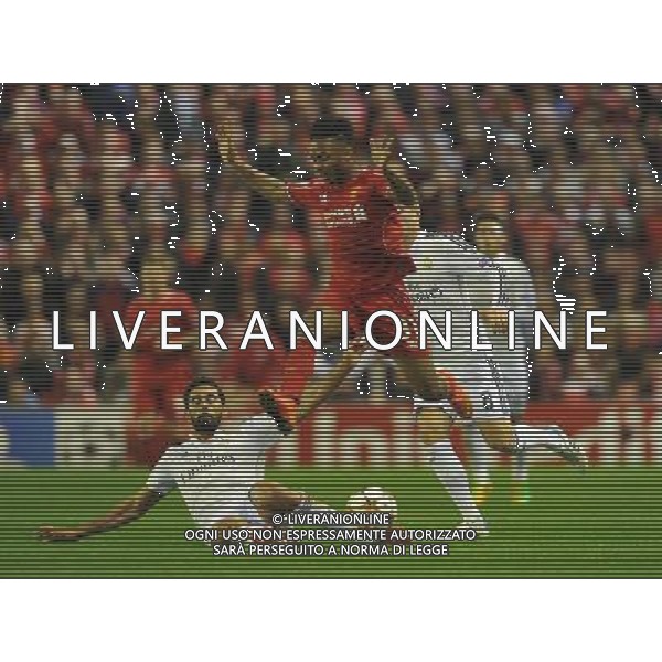 Liverpool\'s Raheem Sterling is tackled by Real Madrid\'s Alvaro Arbeloa Photographer Dave Howarth/CameraSport Football - UEFA Champions League Group B - Liverpool v Real Madrid - Wednesday 22nd October 2014 - Anfield - Liverpool © CameraSport - 43 Linden Ave. Countesthorpe. Leicester. England. LE8 5PG - Tel: +44 (0) 116 277 4147 - admin@camerasport.com - www.camerasport.com AG ALDO LIVERANI SAS ONLY ITALY