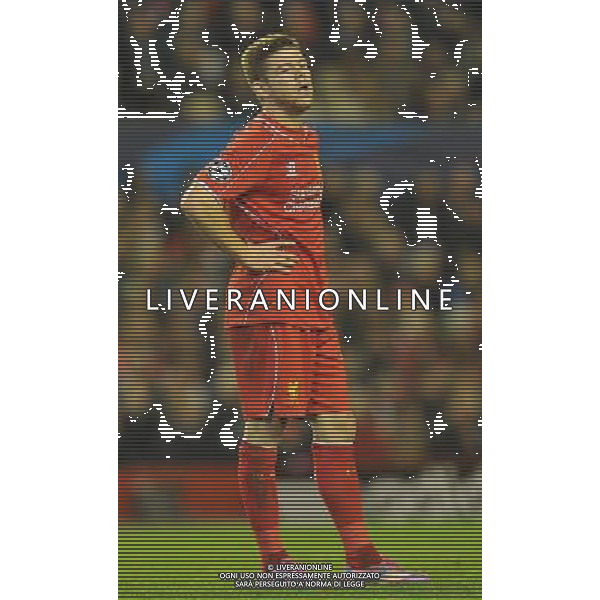 A dejected Liverpool\'s Alberto Moreno Photographer Dave Howarth/CameraSport Football - UEFA Champions League Group B - Liverpool v Real Madrid - Wednesday 22nd October 2014 - Anfield - Liverpool © CameraSport - 43 Linden Ave. Countesthorpe. Leicester. England. LE8 5PG - Tel: +44 (0) 116 277 4147 - admin@camerasport.com - www.camerasport.com /Agenzia Aldo Liverani sas - ITALY ONLY - EDITORIAL USE ONLY