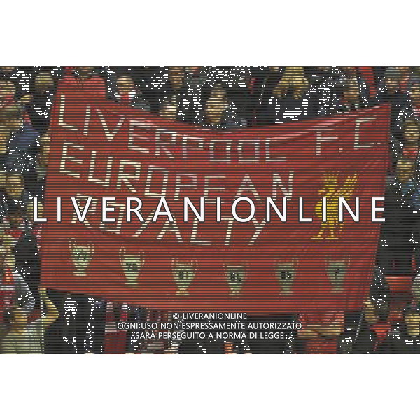 Fans with a banner Photographer Dave Howarth/CameraSport Football - UEFA Champions League Group B - Liverpool v Real Madrid - Wednesday 22nd October 2014 - Anfield - Liverpool © CameraSport - 43 Linden Ave. Countesthorpe. Leicester. England. LE8 5PG - Tel: +44 (0) 116 277 4147 - admin@camerasport.com - www.camerasport.com /Agenzia Aldo Liverani sas - ITALY ONLY - EDITORIAL USE ONLY