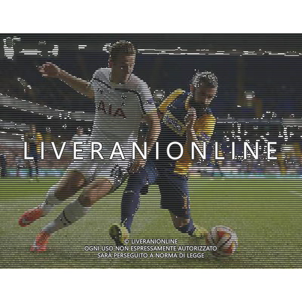 Asteras Tripolis\' Giorgos Zisopoulos under pressure from Tottenham Hotspur\'s Harry Kane Photographer Kieran Galvin/CameraSport Football - UEFA Europa League First Round Group C - Tottenham Hotspur v Asteras Tripolis - Thursday 23rd October 2014 - White Hart Lane - London © CameraSport - 43 Linden Ave. Countesthorpe. Leicester. England. LE8 5PG - Tel: +44 (0) 116 277 4147 - admin@camerasport.com - www.camerasport.com