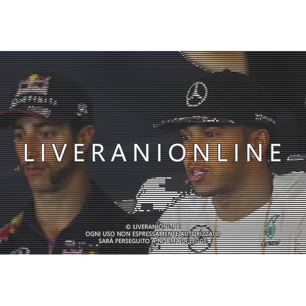 Lewis Hamilton (GBR) Mercedes AMG F1 (Right) with Daniel Ricciardo (AUS) Red Bull Racing (Left) in the FIA Press Conference. 30.10.2014. Formula 1 World Championship, Rd 17, United States Grand Prix, Austin, Texas, USA, Preparation Day. AG ALDO LIVERANI SAS ONLY ITALY