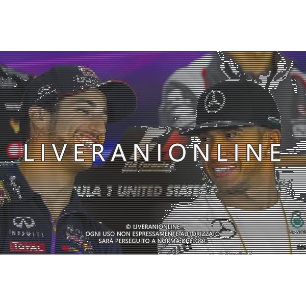 (L to R): Daniel Ricciardo (AUS) Red Bull Racing and Lewis Hamilton (GBR) Mercedes AMG F1 in the FIA Press Conference. 30.10.2014. Formula 1 World Championship, Rd 17, United States Grand Prix, Austin, Texas, USA, Preparation Day. AG ALDO LIVERANI SAS ONLY ITALY