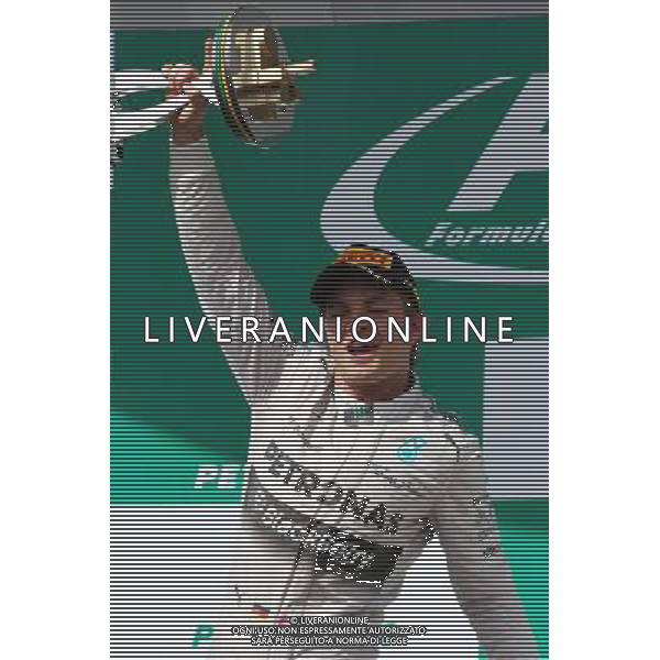 Race winner Nico Rosberg (GER) Mercedes AMG F1 celebrates on the podium. 09.11.2014. Formula 1 World Championship, Rd 18, Brazilian Grand Prix, Sao Paulo, Brazil, Race Day. AG ALDO LIVERANI SAS ONLY ITALY