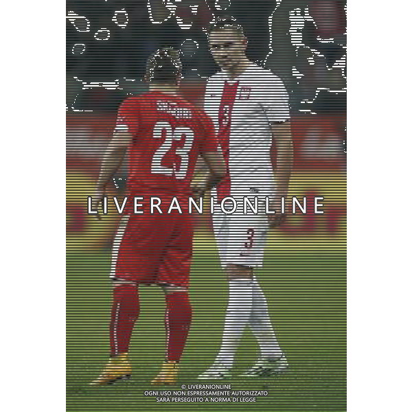 18.11.2014 - Wroclaw , Stadion Miejski / mecz towarzyski Polska (biale) - Szwajcaria (czerwone) / Friendy Game Poland - Switzerland n/z. Artur Jedrzejczyk, Xherdan Shaqiri klotnia przepychanka . Fot. Tomasz Wantula / EDYTOR.net / NEWSPIX.PL --- Newspix.pl AG ALDO LIVERANI SAS ONLY ITALY *** Local Caption *** www.newspix.pl mail us: info@newspix.pl call us: 0048 022 23 22 222 --- Polish Picture Agency by Ringier Axel Springer Poland