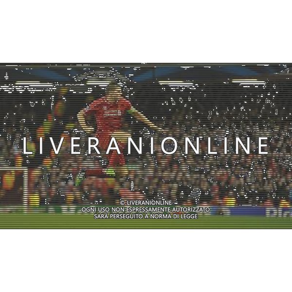 Liverpool\'s Steven Gerrard jumps for joy after scoring his team\'e eaqualising goal to make the score 1-1 Photographer Dave Howarth/CameraSport Football - UEFA Champions League Group B - Liverpool v Basel - Tuesday 9th December 2014 - Anfield - Liverpool © CameraSport - 43 Linden Ave. Countesthorpe. Leicester. England. LE8 5PG - Tel: +44 (0) 116 277 4147 - admin@camerasport.com - www.camerasport.com AG ALDO LIVERANI SAS ONLY ITALY