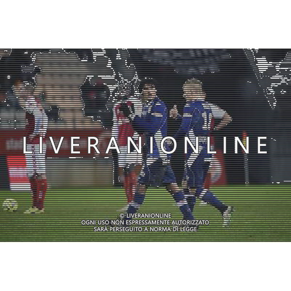 Joie Ignacio TEJEDA / Daniel WASS - 13.12.2014 - Reims / Evian Thonon - 18eme journee de Ligue1 Photo : Fred Porcu / Icon Sport AG ALDO LIVERANI SAS ONLY ITALY