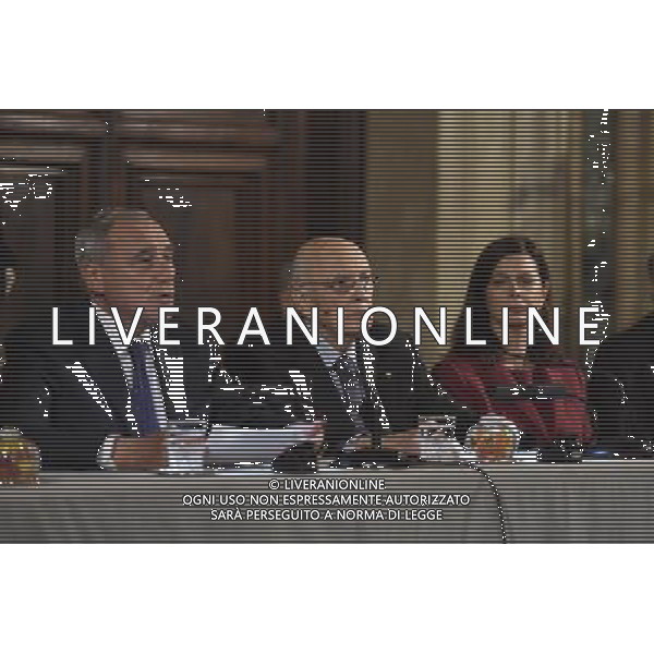 Cerimonia per lo scambio degli auguri di fine anno a Palazzo del Quirinale a Roma 16 dicembre 2014 nella foto Piero Grasso, Giorgio Napolitano e Laura Boldrini ©Corradetti/Agenzia Aldo Liverani sas