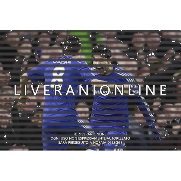 Chelsea\'s Diego Costa celebrates with Oscar after scoring his sides second goal Photographer Craig Mercer/CameraSport Football - Barclays Premiership - Chelsea v Newcastle United - Saturday 10th January 2015 - Stamford Bridge - London å© CameraSport - 43 Linden Ave. Countesthorpe. Leicester. England. LE8 5PG - Tel: +44 (0) 116 277 4147 - admin@camerasport.com - www.camerasport.com /AGENZIA ALDO LIVERANI SAS - ITALY ONLY - EDITORIAL USE ONLY
